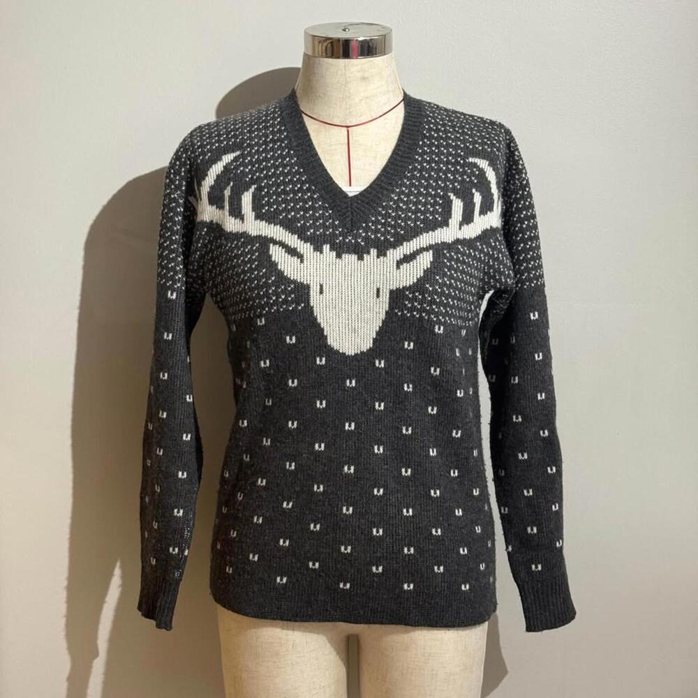 J.Crew 28% Merino Wool Reindeer Sweater v-neck Christmas Women's Size S Winter